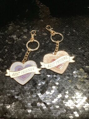 Best Friends Heart Keychain Set - Gold Metal with Purple and Rose Accents